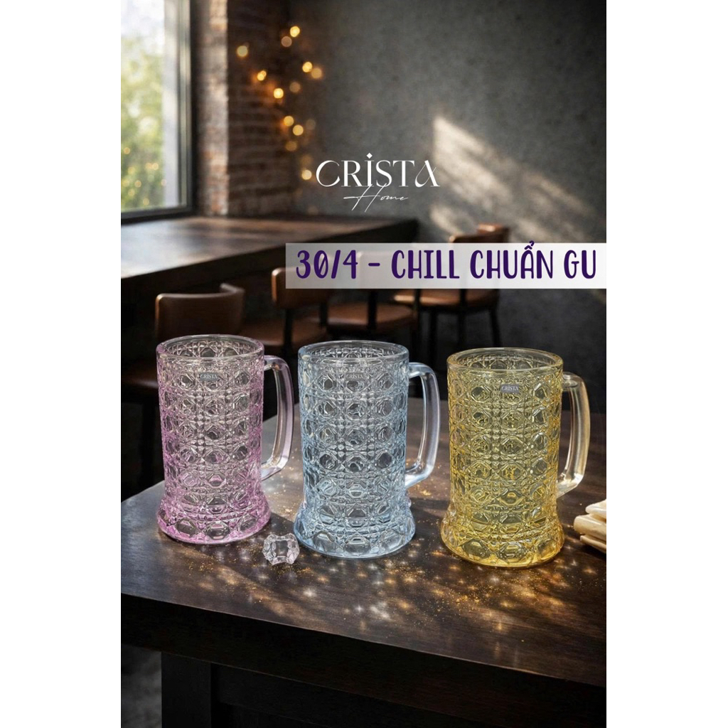 Bộ 6 Cốc Bia Thủy Tinh 420ml Crista Home Có Quai – Cốc Bia Vân Pha Lê Cao Cấp – Ly Uống Bia Đẹp Sang Trọng