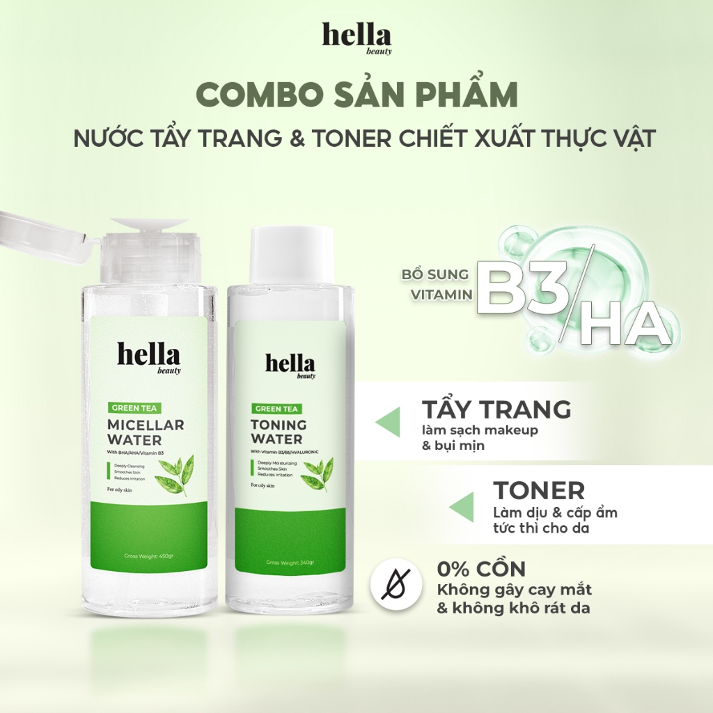 Combo Nước tẩy trang + Toner cân bằng da Hella Beauty chiết xuất thực vật, dịu nhẹ cho mọi loại da