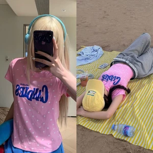 Áo baby tee màu hồng chữ xanh CANDIES hoạ tiết ngôi sao trắng chữ cotton ABBT061 - Tiktik
