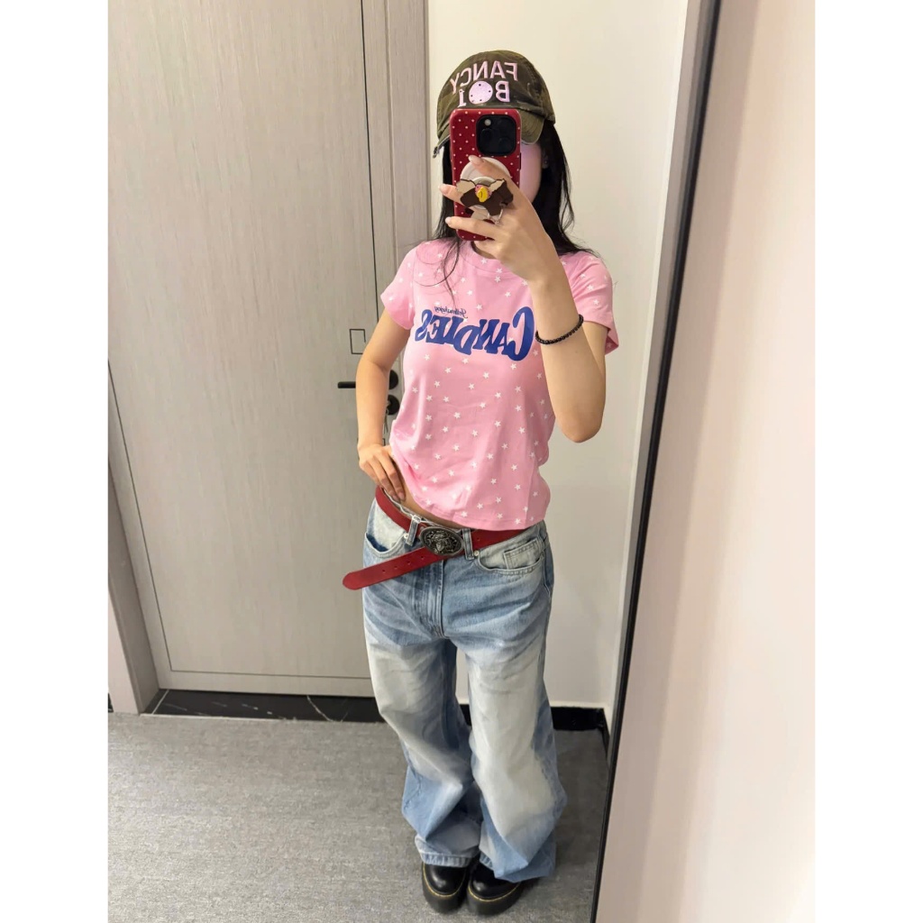 (sẵn) Áo baby tee màu hồng chữ xanh CANDIES hoạ tiết ngôi sao trắng chữ cotton ABBT061 - Tiktik