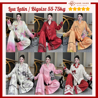 Bộ đồ ngủ pijama nữ bigsize 55-75kg dài tay viền ren lụa lạnh latin mịn mát 75DD03 đồ bộ nữ mặc nhà dễ thương sang chảnh