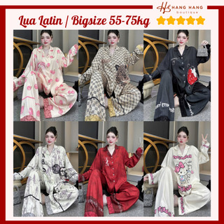 Bộ đồ ngủ pijama nữ bigsize 55-75kg dài tay viền ren lụa lạnh latin mịn mát 75DD03 đồ bộ nữ mặc nhà dễ thương sang chảnh