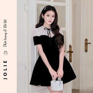Đầm Xòe Nhung JOLIE Phối Cổ Ren Nơ Ruy Băng - Váy Thiết Kế Style Pháp Thanh Lịch