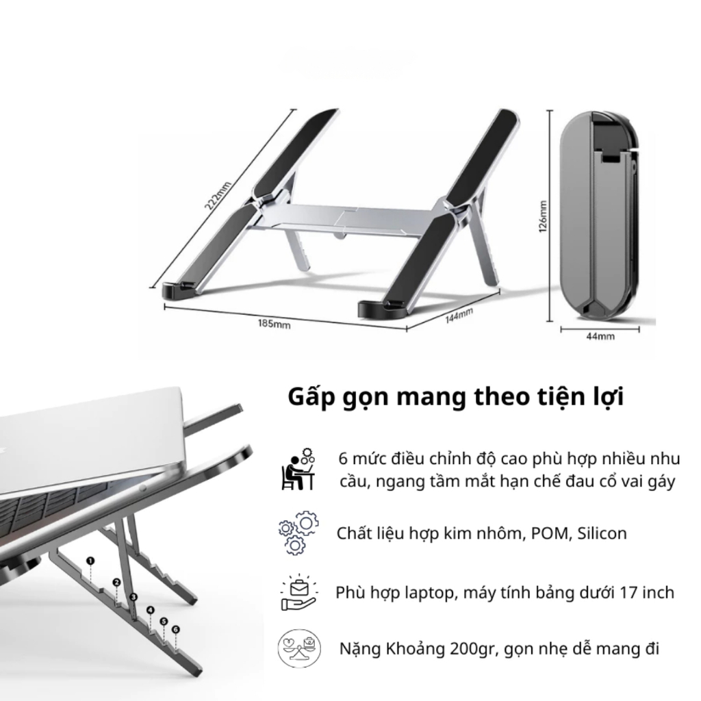 Giá đỡ laptop kim loại gấp nhỏ gọn VTEK, kệ để laptop, giá đỡ máy laptop GD11