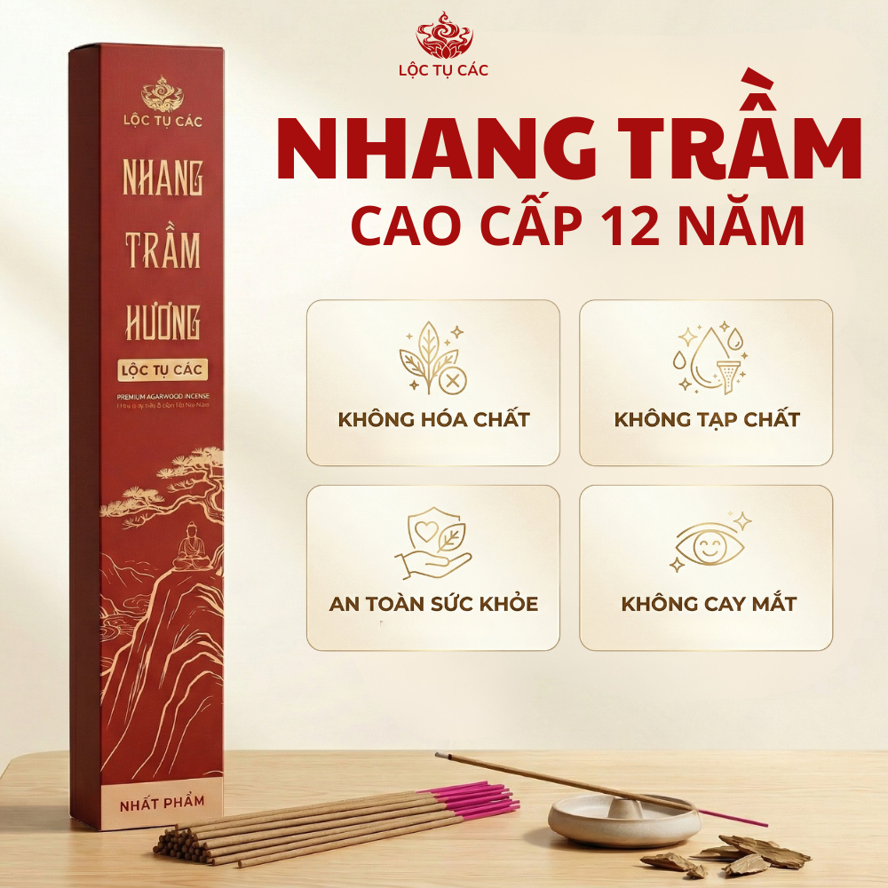 Nhang trầm hương thiên nhiên Lộc Tụ Các nhang ít khói, tích trầm 12 năm thơm dịu nhẹ, dài 30cm