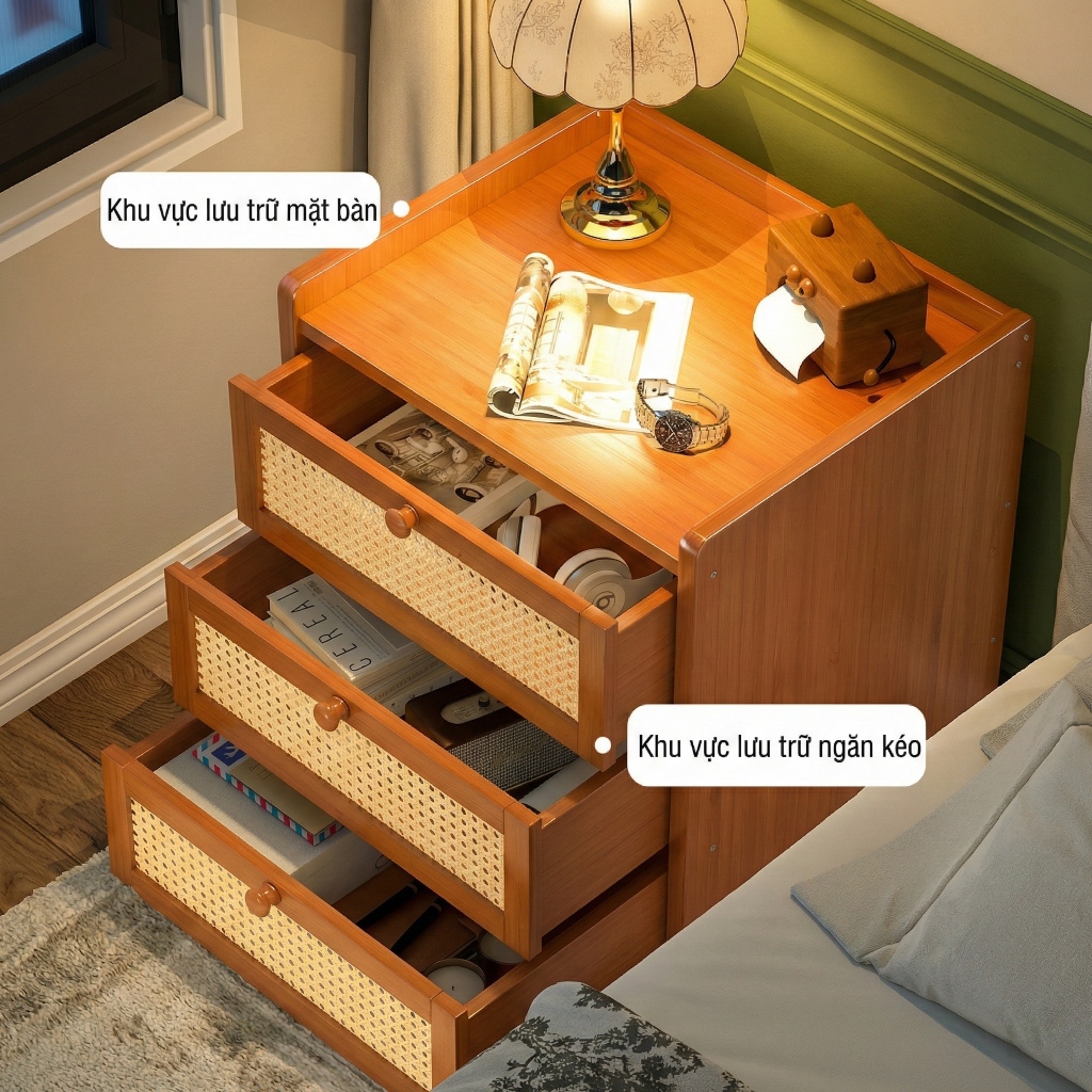 Tủ Đầu Giường 3 Ngăn Kéo Bằng Gỗ Phong Cách Tự Nhiên Rustic Vintage Cho Phòng Ngủ Tạo Góc Đọc Sách