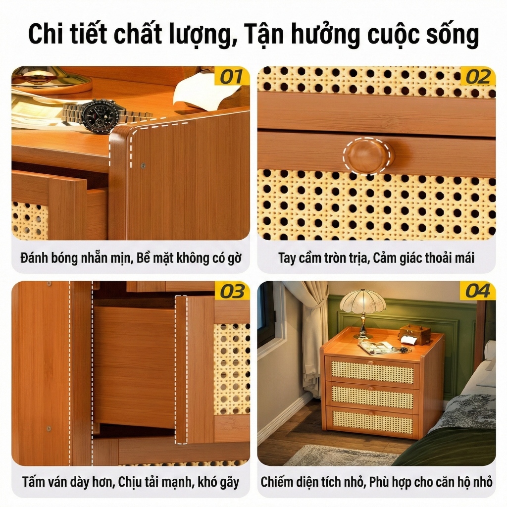 Tủ Đầu Giường 3 Ngăn Kéo Bằng Gỗ Phong Cách Tự Nhiên Rustic Vintage Cho Phòng Ngủ Tạo Góc Đọc Sách