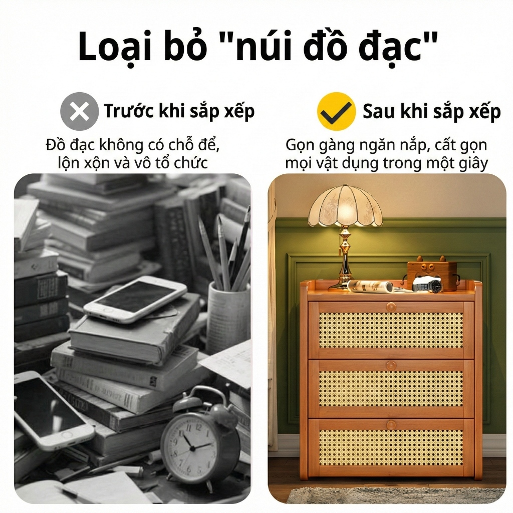Tủ Đầu Giường 3 Ngăn Kéo Bằng Gỗ Phong Cách Tự Nhiên Rustic Vintage Cho Phòng Ngủ Tạo Góc Đọc Sách