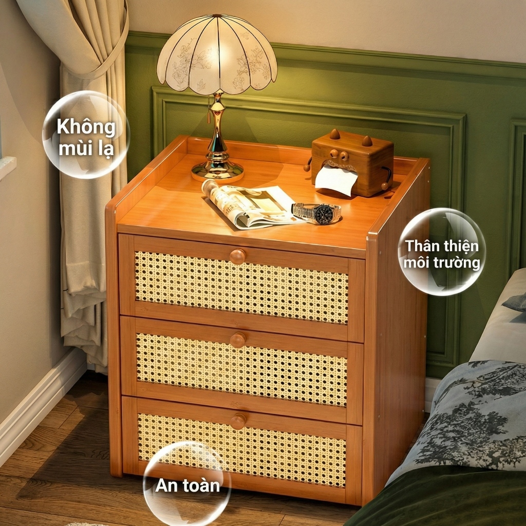 Tủ Đầu Giường 3 Ngăn Kéo Bằng Gỗ Phong Cách Tự Nhiên Rustic Vintage Cho Phòng Ngủ Tạo Góc Đọc Sách