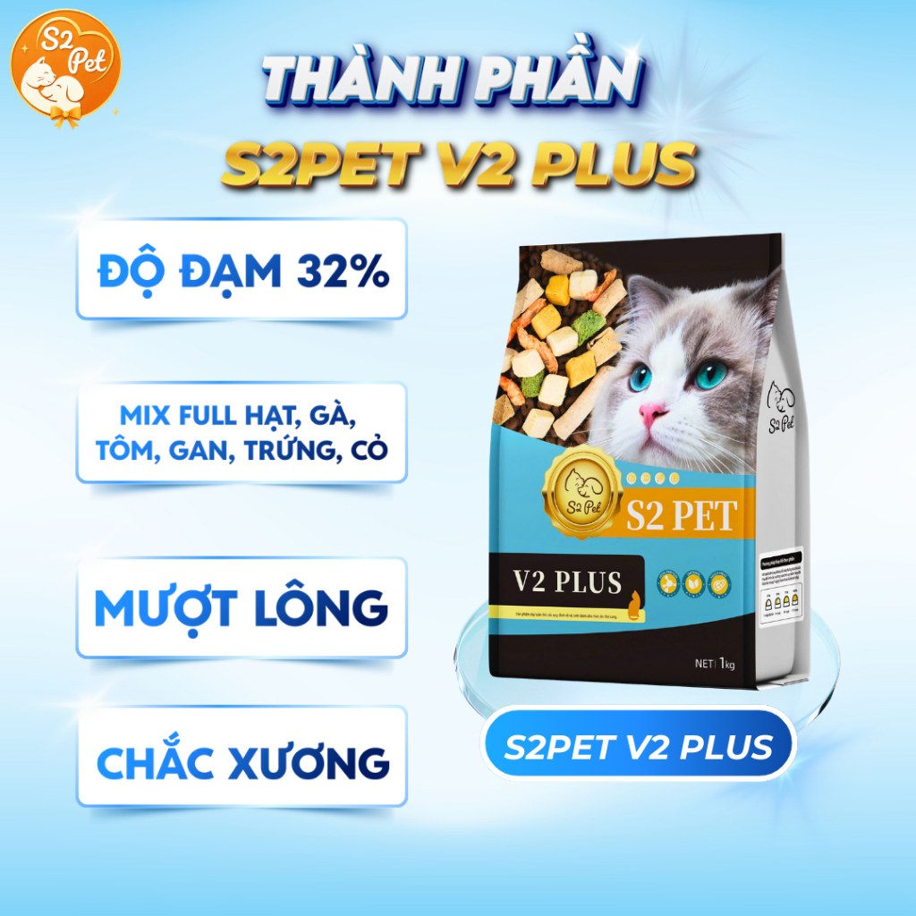 [Hoả Tốc 24/24]Hạt Cho Mèo S2 PET V2 Gói 1kg - 70% Topping Thịt Sấy, Hỗ Trợ Tiêu Hóa, Giảm Búi Lông
