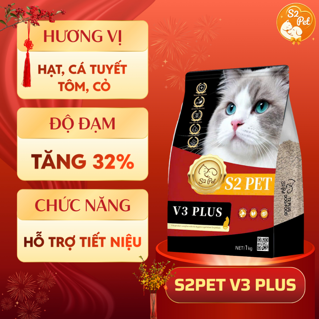 Thức Ăn Hạt Cho Mèo S2 PET V3 Gói 1/5Kg Urinary Siêu Topping Hỗ Trợ Tiêu Hóa Và Giảm Búi Lông