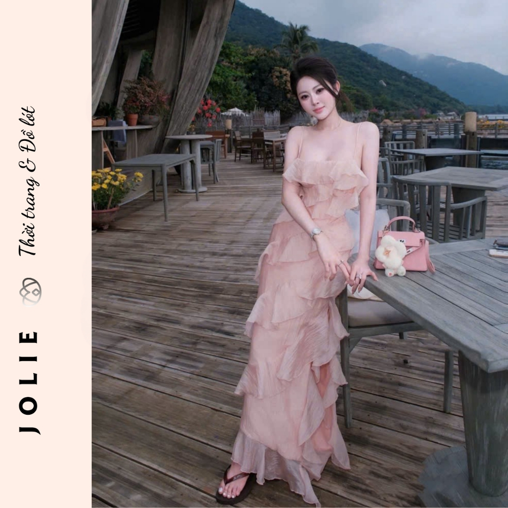 Váy Maxi 2 Dây JOLIE Phối Tèo Tầng - Đầm Đi Biển Tiểu Thư Sang Chảnh