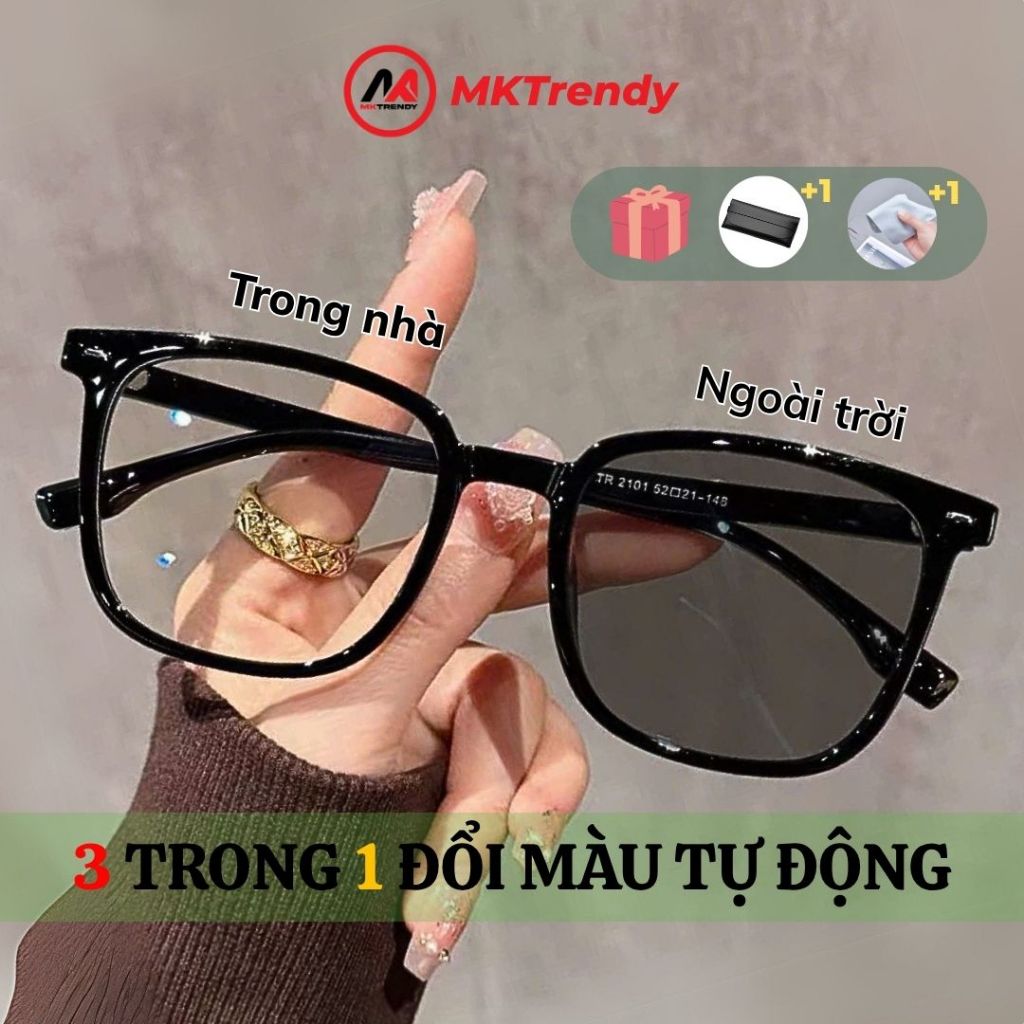 Kính đổi màu gọng vuông MKTRENDY thời trang nam nữ gọng nhựa dẻo chống tia UV chống ánh sáng xanh X16