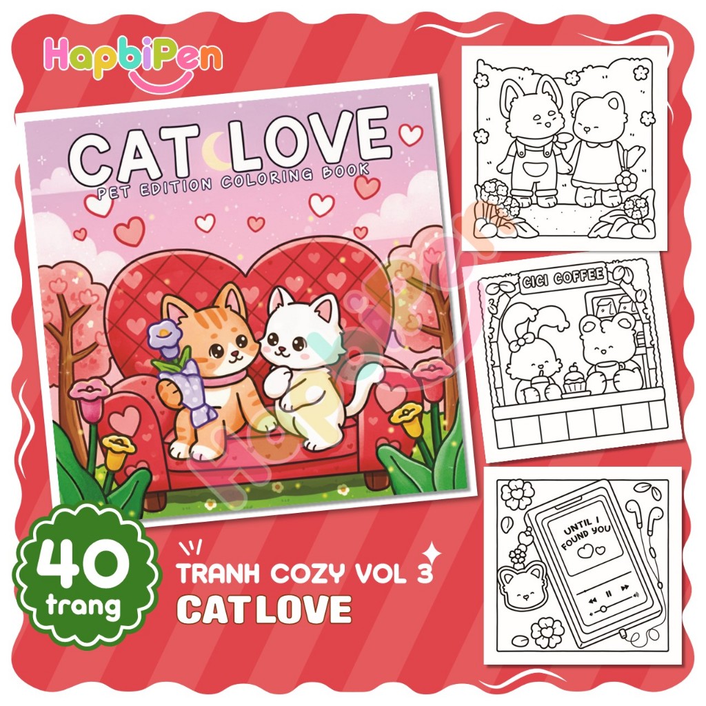 Tranh tô màu Cozy cho bé với 40 trang A4 A5 nét vẽ Boldline art 2 chú mèo đáng yêu Cat Love Vol 3
