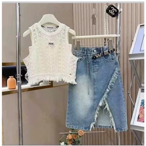 Set áo croptop bé gái ren trắng phối chân váy jean rách cá tính phong cách Hàn Quốc mẹ và bé 13-56kg