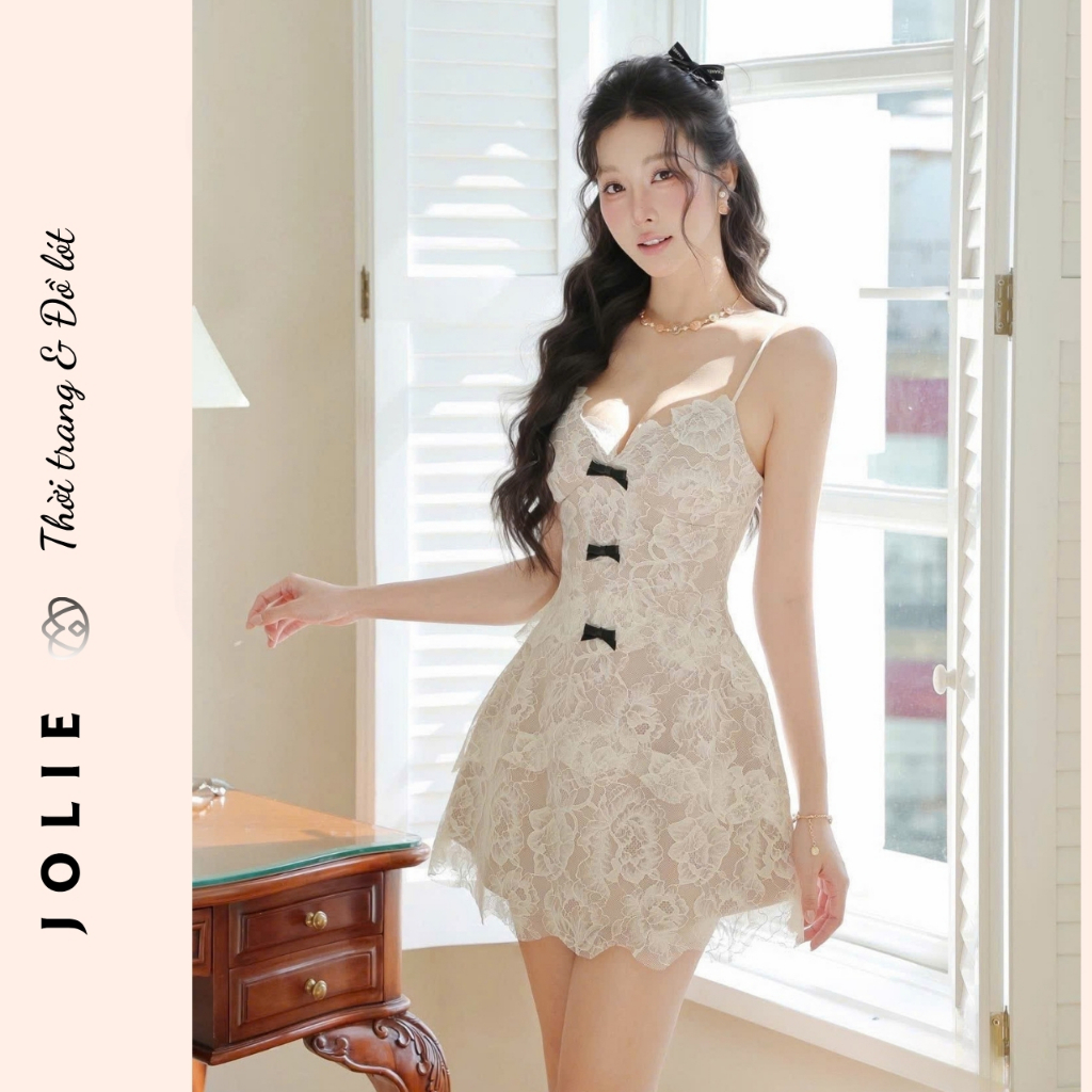 Đầm Ren Hai Dây JOLIE Thiết Kế Ôm Dáng Phối Nơ Đen - Váy Nữ Style Gợi Cảm Sang Trọng