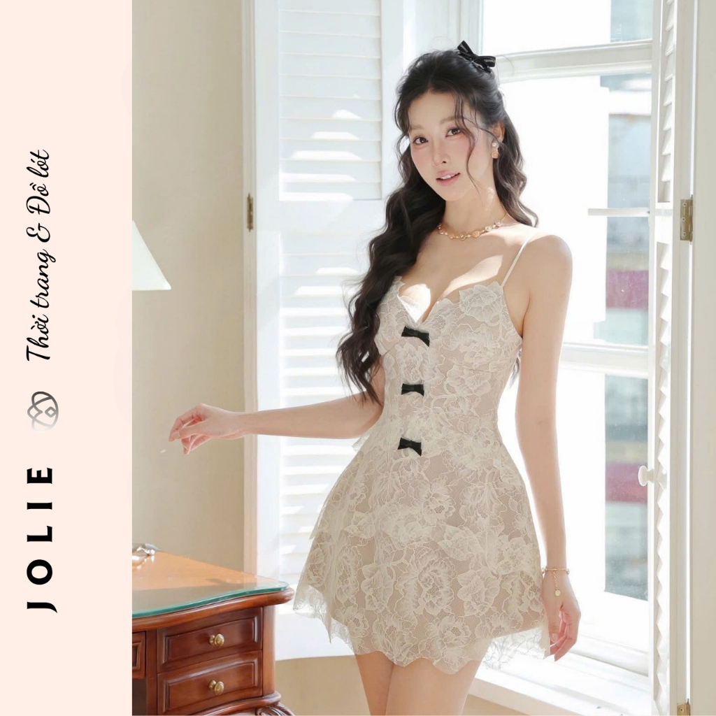 Đầm Ren Hai Dây JOLIE Thiết Kế Ôm Dáng Phối Nơ Đen - Váy Nữ Style Gợi Cảm Sang Trọng