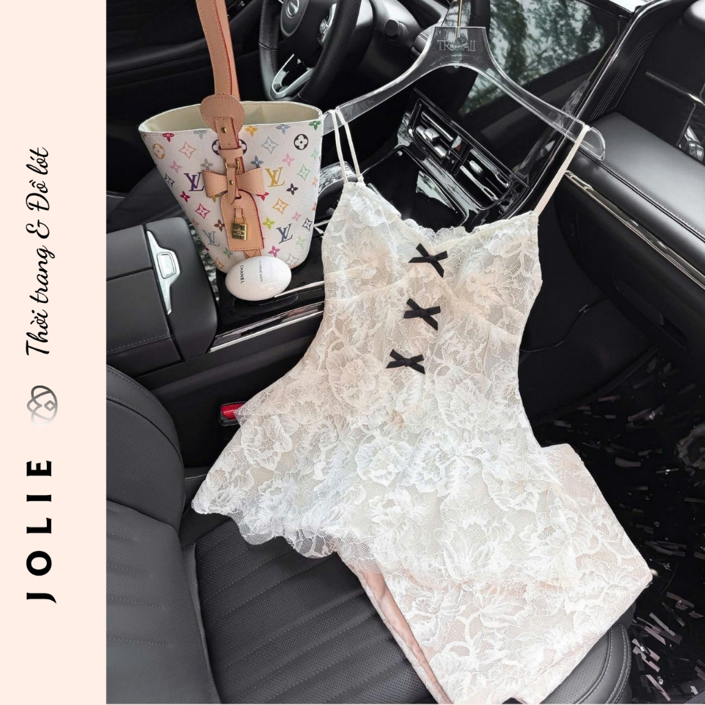 Đầm Ren Hai Dây JOLIE Thiết Kế Ôm Dáng Phối Nơ Đen - Váy Nữ Style Gợi Cảm Sang Trọng