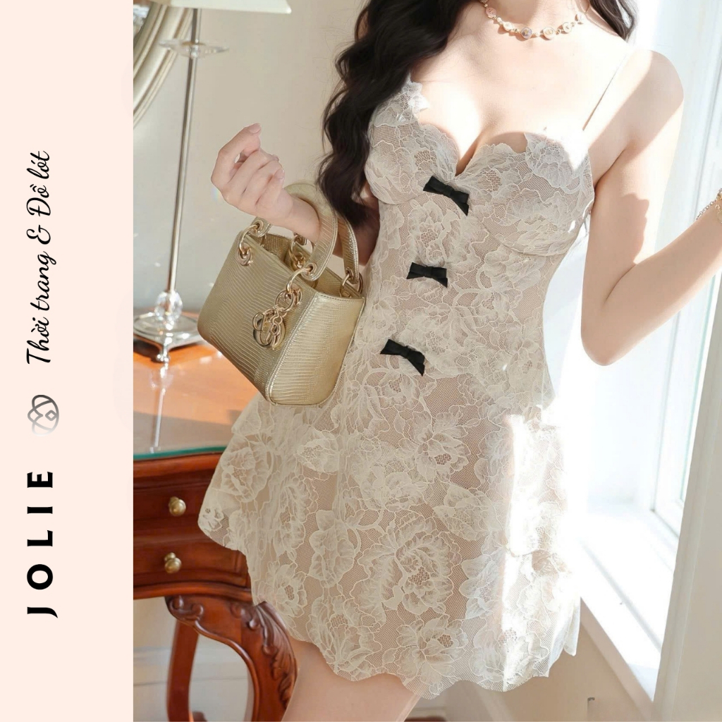 Đầm Ren Hai Dây JOLIE Thiết Kế Ôm Dáng Phối Nơ Đen - Váy Nữ Style Gợi Cảm Sang Trọng