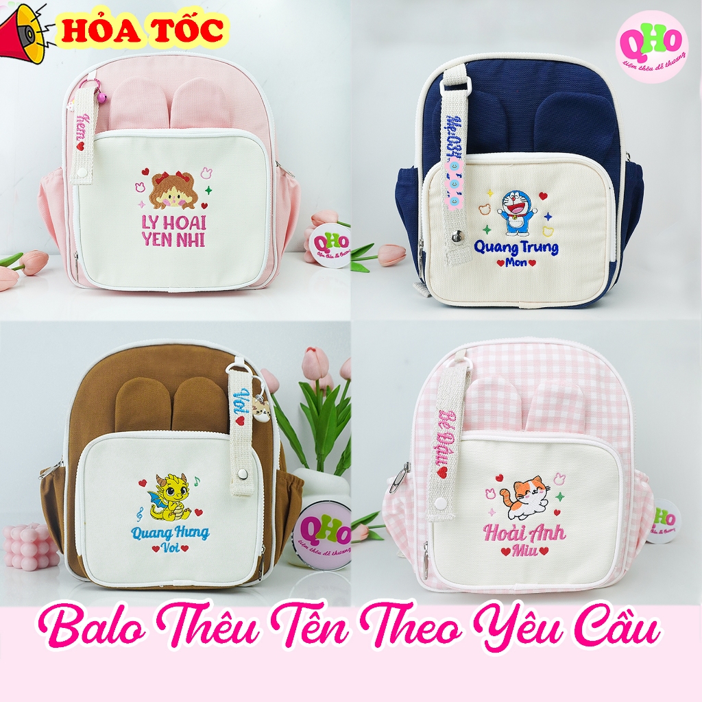 Balo Mầm Non Thêu Tên Theo Yêu Cầu – Cặp Mẫu Giáo Tai Thỏ Dễ Thương Kèm Tag Thêu, Balo Cho Bé Trai Bé Gái QHO