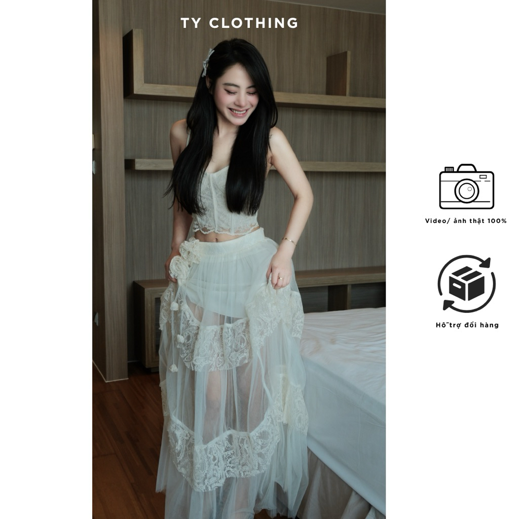 Set Bra Ren Lưới Hai Dây Kèm Chân Váy Dáng Dài Đính Hoa Cài - Màu Be - Áo Không Có Mút Và Gọng Ngực - Hàng Thiết Kế