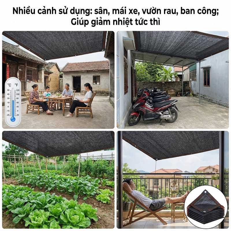 Siêu Bền & Thoáng Khí! Bạt Che Nắng Ngoài Trời, Giảm Nhiệt, Dùng Ban Công/Sân Vườn, Tặng Dây, Màu Đen/Bnâu