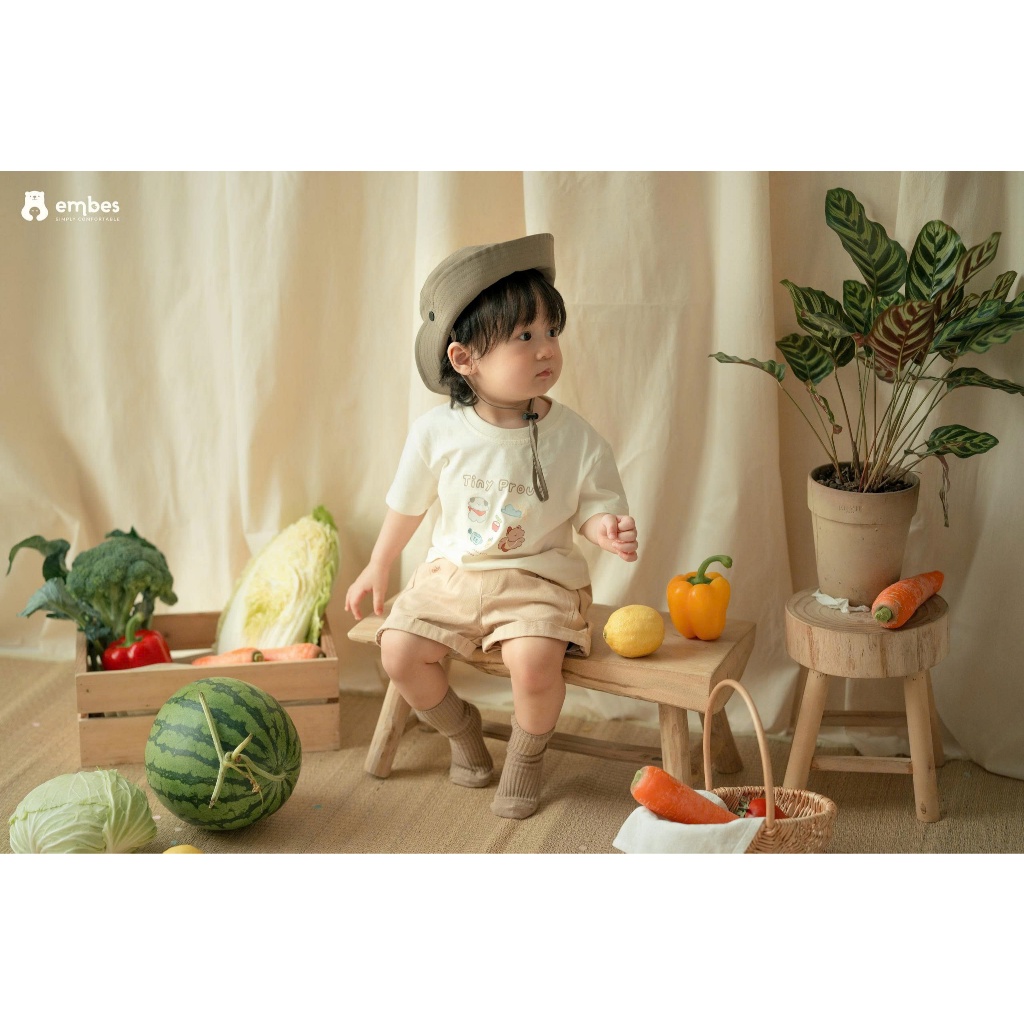 Quần Cộc Cho Bé Embes, Quần Đùi Kaki Thêu Hình Chất Kaki Mềm Mại Cho Bé Trai Bé Gái Size Từ 8-17kg