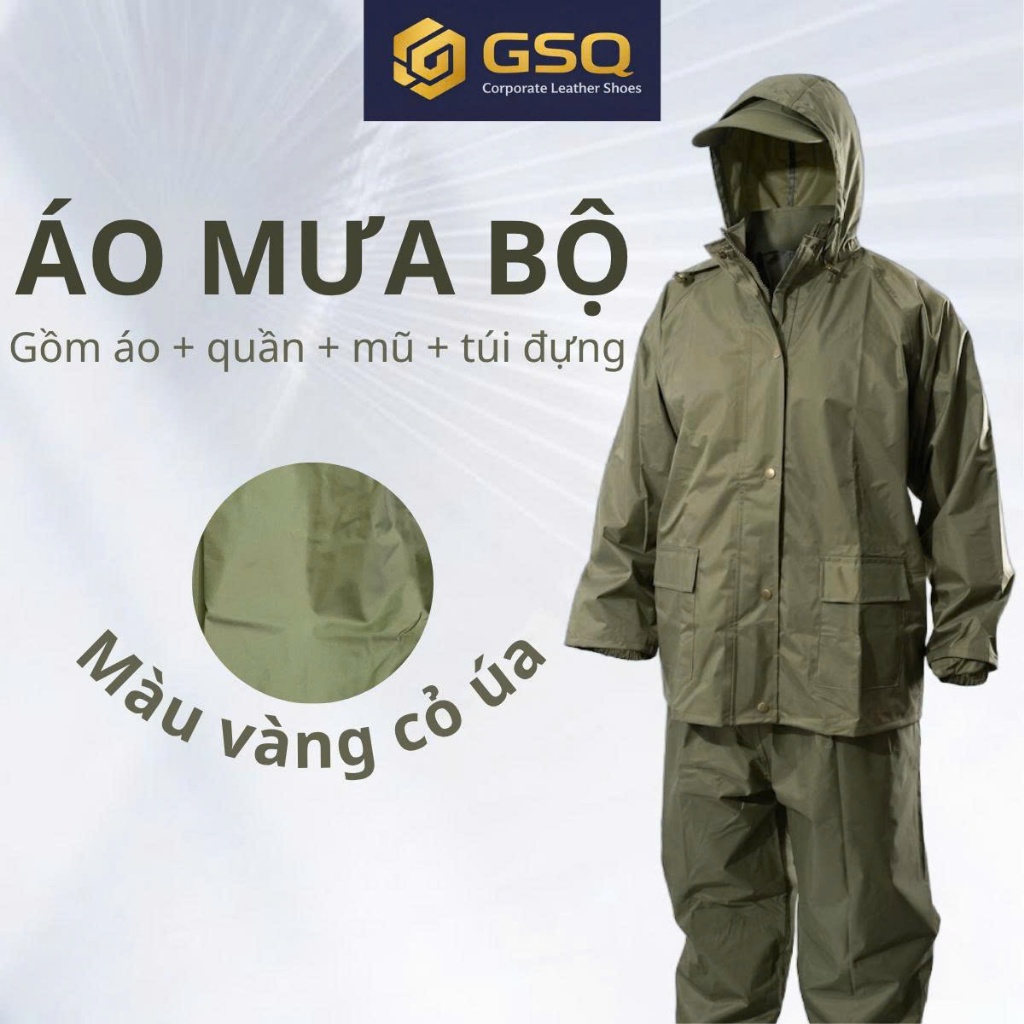 Áo Mưa Bộ Màu Cỏ Úa Chất Liệu Nhựa PU Chống Thấm Với 3 Lớp Khóa Chắc Chắn Bền Đẹp