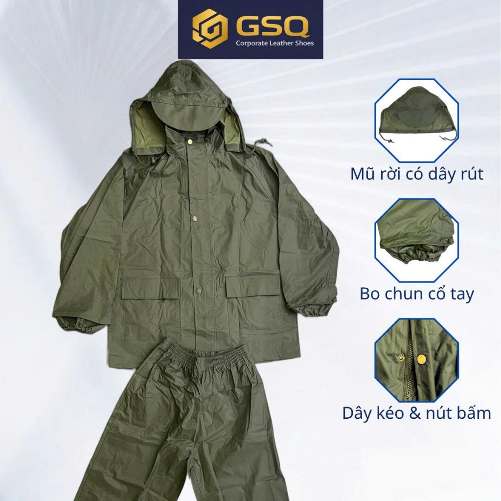 Áo Mưa Bộ Màu Cỏ Úa Chất Liệu Nhựa PU Chống Thấm Với 3 Lớp Khóa Chắc Chắn Bền Đẹp