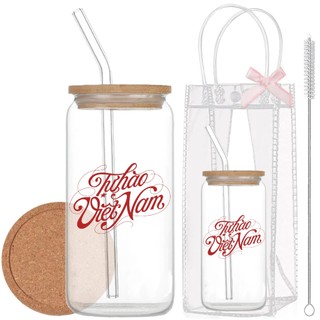 Cốc Thủy Tinh Việt Nam 500ml, Ly Thủy Tinh Nắp Tre 16Oz Chịu Nhiệt Kèm Phụ Kiện, Quà Tặng Sinh Nhật