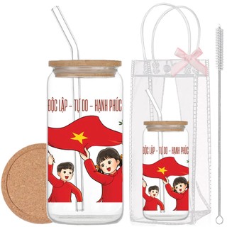 Cốc Thủy Tinh Việt Nam 500ml, Ly Thủy Tinh Nắp Tre 16Oz Chịu Nhiệt Kèm Phụ Kiện, Quà Tặng Sinh Nhật
