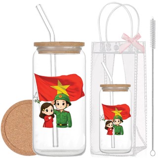 Cốc Thủy Tinh Việt Nam 500ml, Ly Thủy Tinh Nắp Tre 16Oz Chịu Nhiệt Kèm Phụ Kiện, Quà Tặng Sinh Nhật