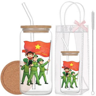 Cốc Thủy Tinh Việt Nam 500ml, Ly Thủy Tinh Nắp Tre 16Oz Chịu Nhiệt Kèm Phụ Kiện, Quà Tặng Sinh Nhật