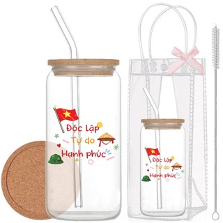 Cốc Thủy Tinh Việt Nam 500ml, Ly Thủy Tinh Nắp Tre 16Oz Chịu Nhiệt Kèm Phụ Kiện, Quà Tặng Sinh Nhật