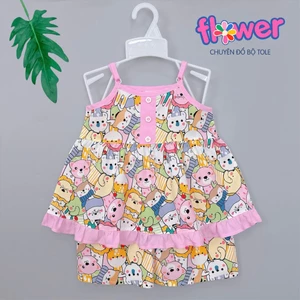 Bộ tole lanh 2 dây bé gái nút hoa viền màu, quần ngắn, dây tăng giảm được 10-42kg - Flower Đồ Bộ Tole