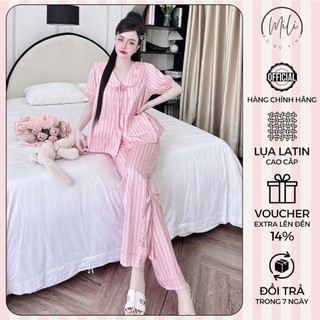 Đồ Bộ Pijama Nữ Tay Ngắn Phối Cổ Sen 2 Túi Viền Nơ Xinh MiLi –  Vải Lụa Latin Mềm Mịn Cao Cấp