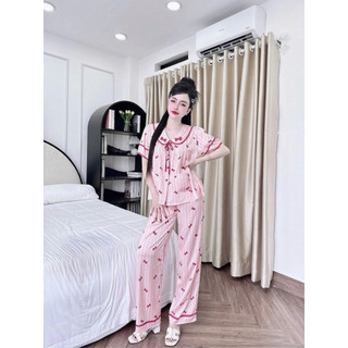 Đồ Bộ Pijama Nữ Tay Ngắn Phối Cổ Sen 2 Túi Viền Nơ Xinh MiLi –  Vải Lụa Latin Mềm Mịn Cao Cấp
