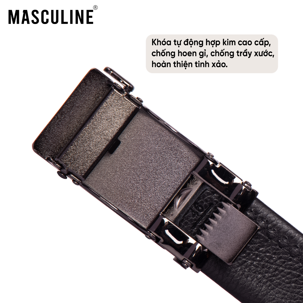 Thắt lưng nam MASCULINE DLN602 - Dây da bò mềm vân hạt khóa lăn tự động bản 3.5cm có 2 mặt khóa