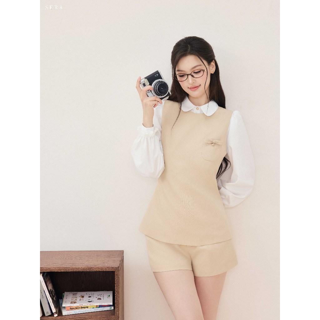 SERA - Set áo gile đính nơ và quần giả váy xếp ly ELINA