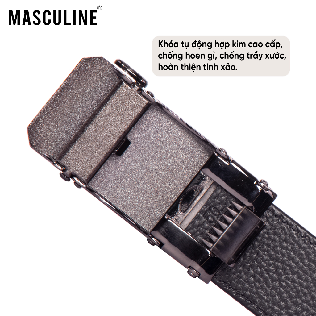 Thắt lưng nam MASCULINE DLN603 - Dây da bò vân sợi may viền khóa lăn tự động bản 3.5cm có 2 mặt khóa