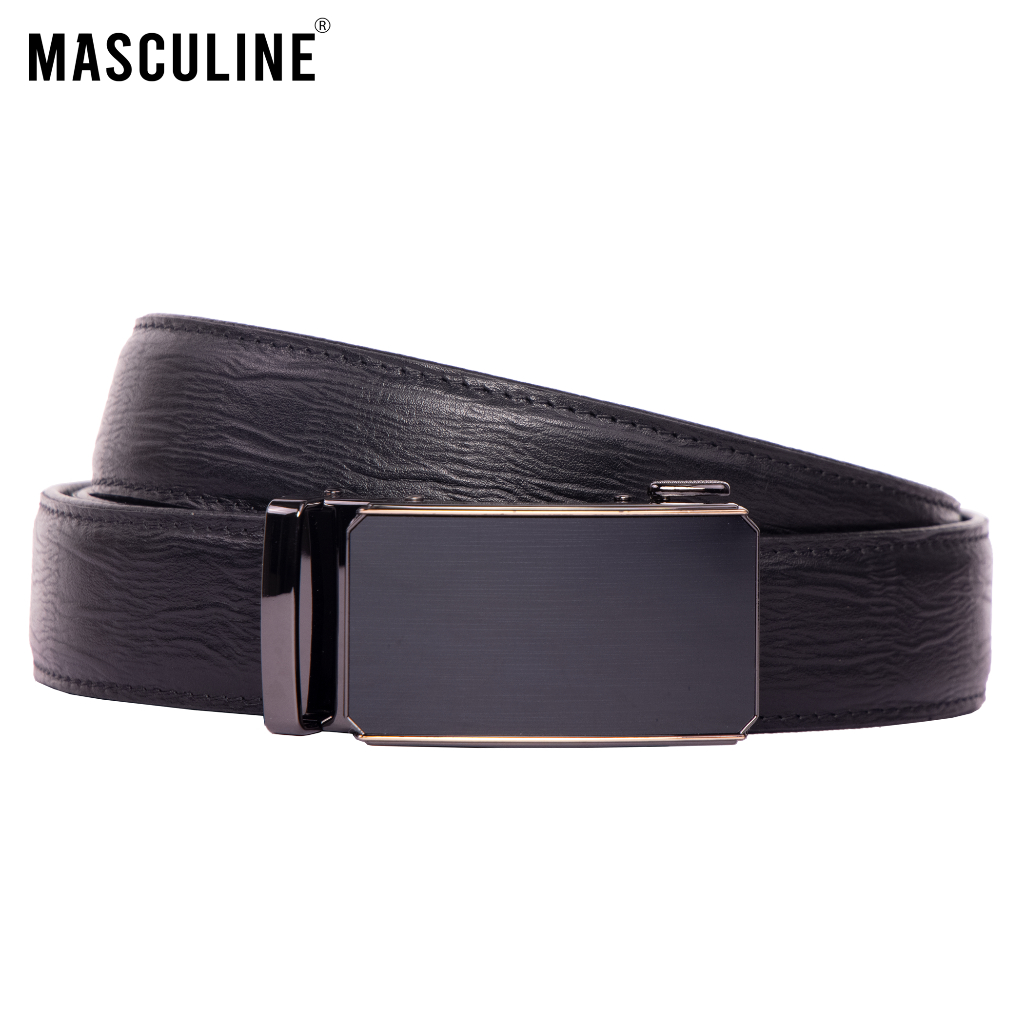 Thắt lưng nam MASCULINE DLN603 - Dây da bò vân sợi may viền khóa lăn tự động bản 3.5cm có 2 mặt khóa