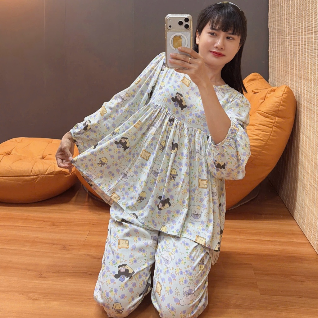 (Tặng cột tóc) Bộ tole babydoll tay dài, F21 hàng may kỹ 43-82kg - Nocnhasleepwear