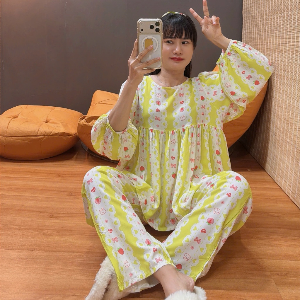 (Tặng cột tóc) Bộ tole babydoll tay dài, F21 hàng may kỹ 43-82kg - Nocnhasleepwear