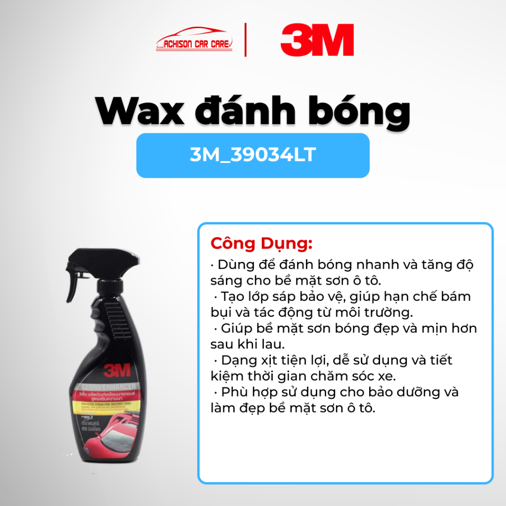 3M-39034LT WAX ĐÁNH BÓNG DẠNG XỊT TẠO ĐỘ BÓNG BẢO VỆ BỀ MẶT SƠN