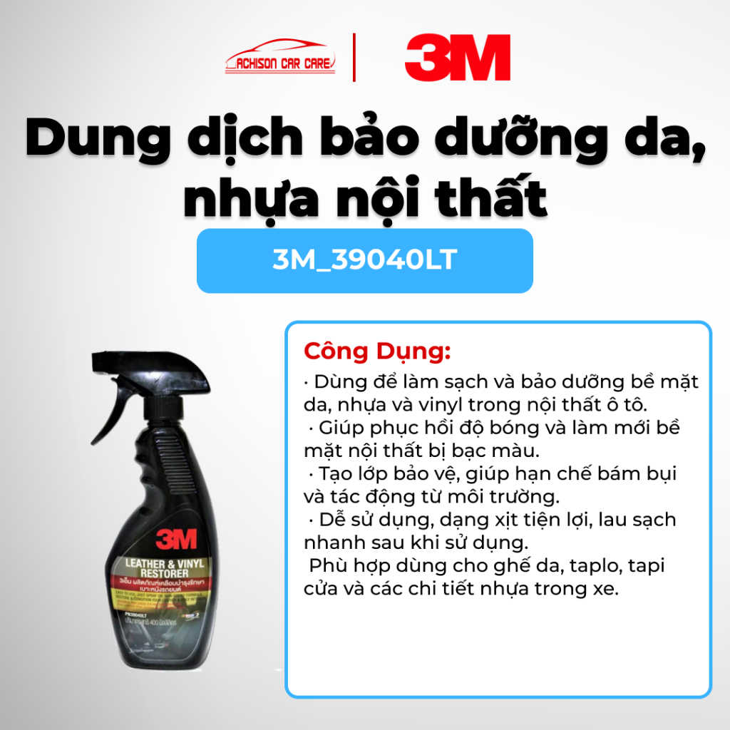 3M-39040LT DUNG DỊCH BẢO DƯỠNG DA NHỰA NỘI THẤT 400ML LÀM SẠCH DƯỠNG BÓNG BẢO VỆ BỀ MẶT