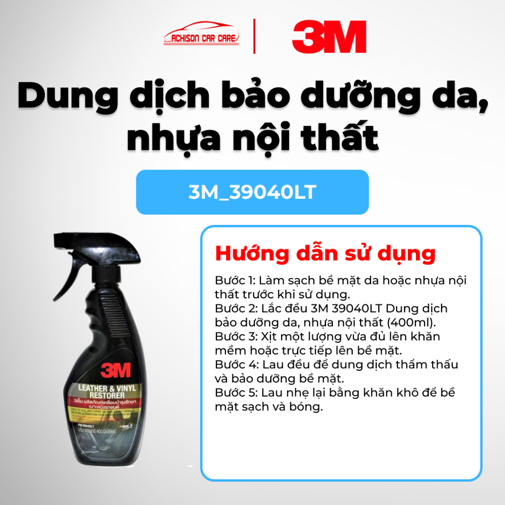 3M-39040LT DUNG DỊCH BẢO DƯỠNG DA NHỰA NỘI THẤT 400ML LÀM SẠCH DƯỠNG BÓNG BẢO VỆ BỀ MẶT
