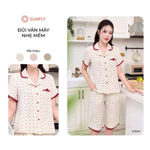ST9347 Bộ pijama nữ mặc nhà áo cộc quần ngố đũi vân mây nhẹ mát, trẻ trung SUNFLY