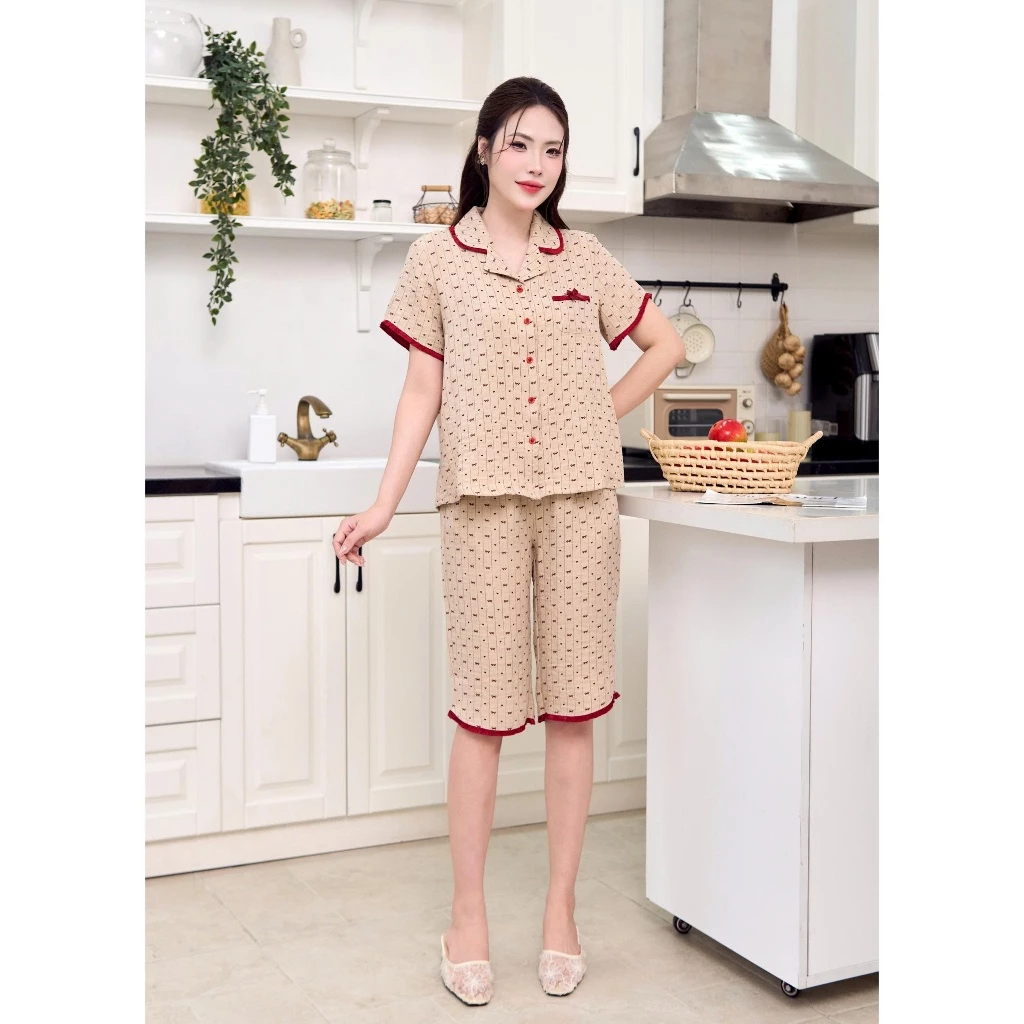 ST9347 Bộ pijama nữ mặc nhà áo cộc quần ngố đũi vân mây nhẹ mát, trẻ trung SUNFLY