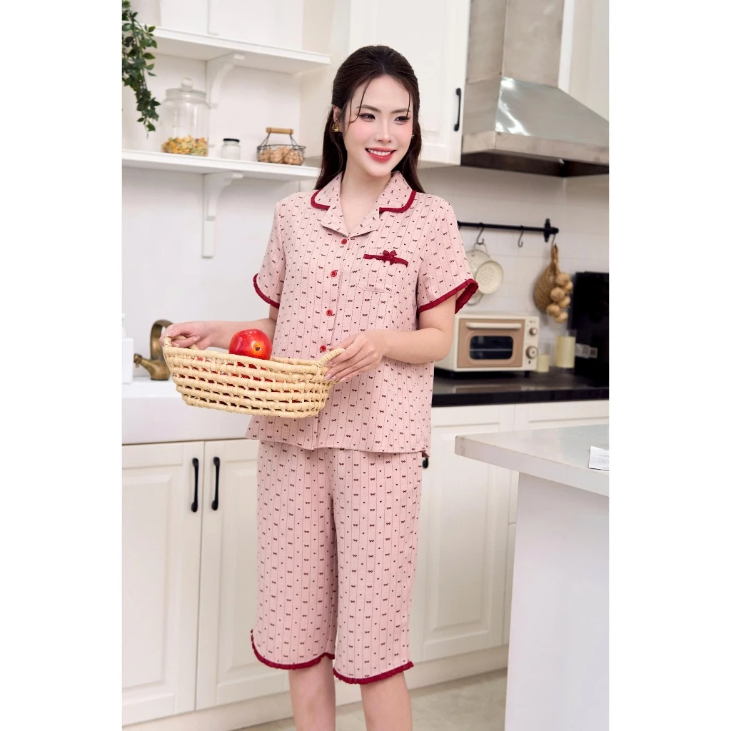 ST9347 Bộ pijama nữ mặc nhà áo cộc quần ngố đũi vân mây nhẹ mát, trẻ trung SUNFLY
