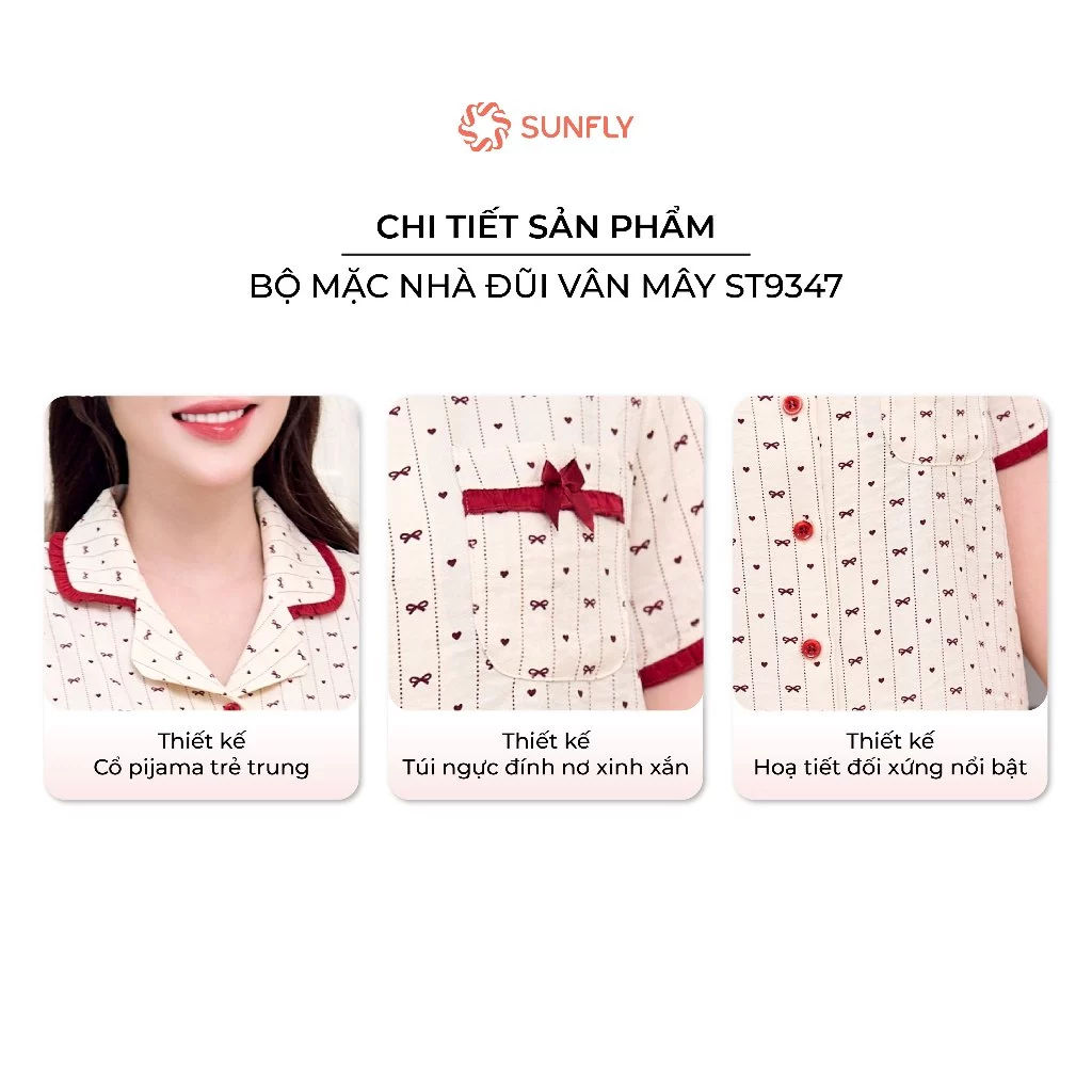 ST9347 Bộ pijama nữ mặc nhà áo cộc quần ngố đũi vân mây nhẹ mát, trẻ trung SUNFLY